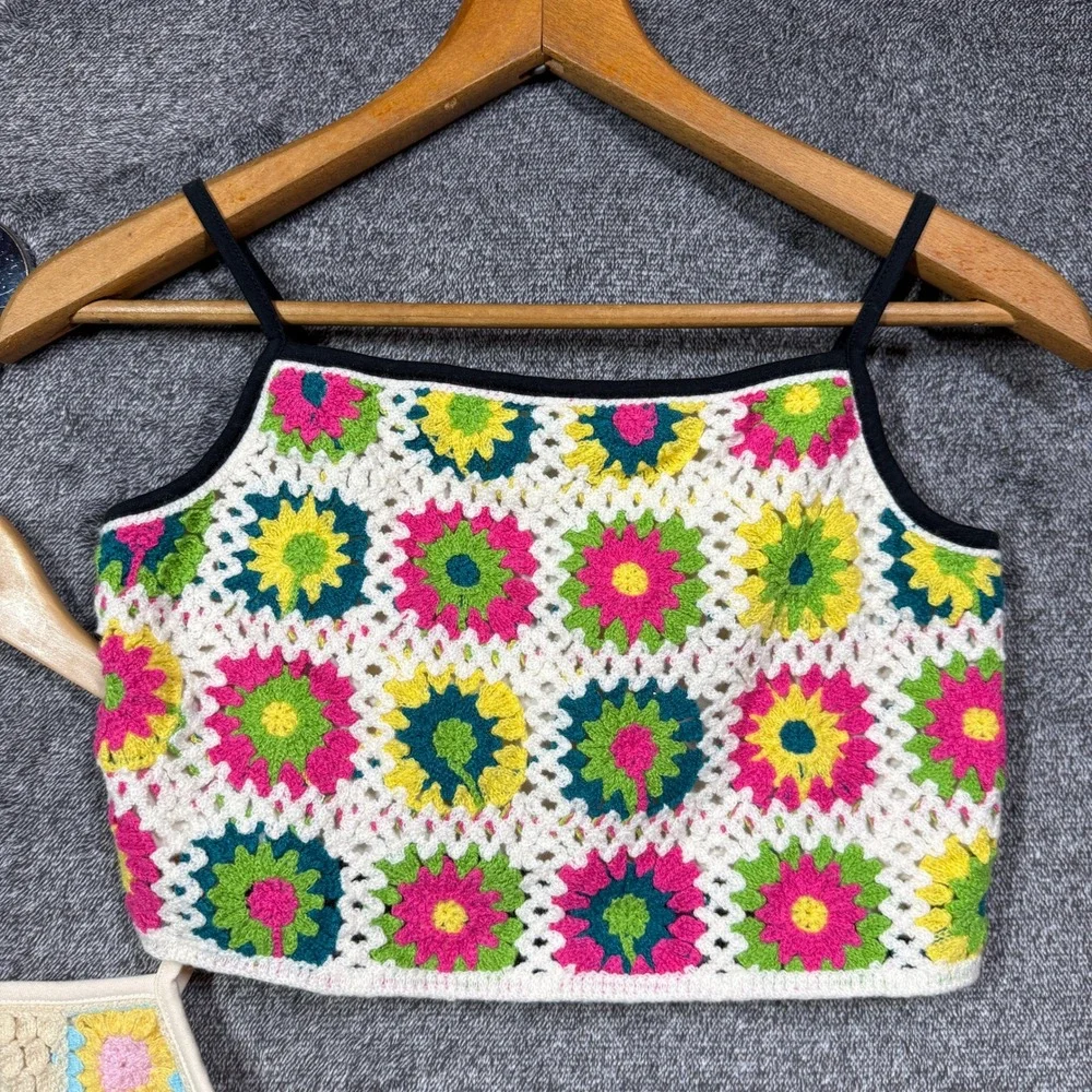 Wild Fable Crochet Crop Top Lot 2 Floral Patchwork Cami Multi Cream Small Boho